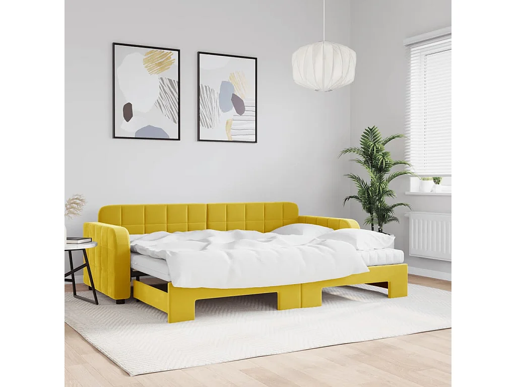 Lit de jour avec lit gigogne et matelas jaune 80x200 cm velours