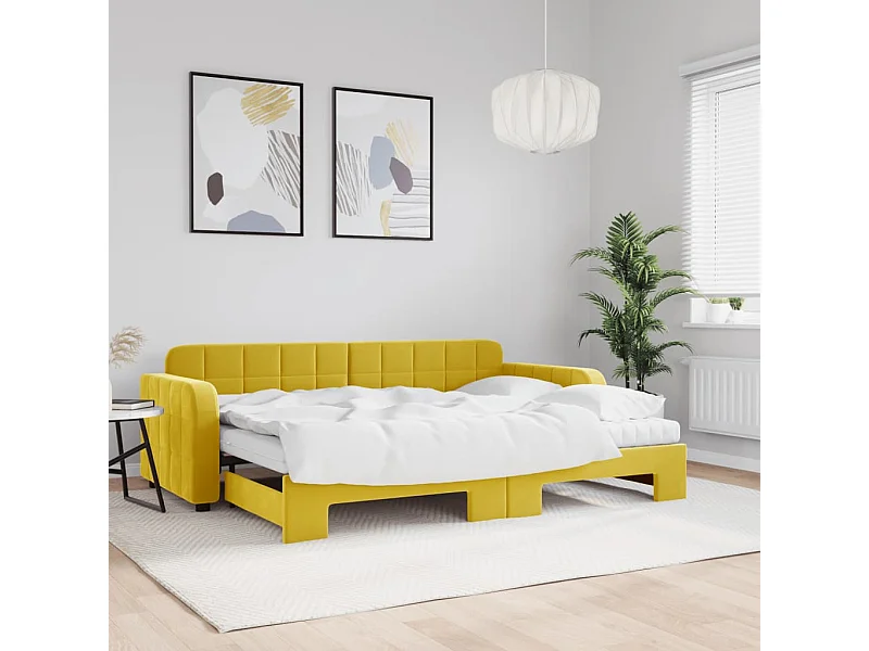 Lit de jour avec lit gigogne et matelas jaune 80x200 cm velours