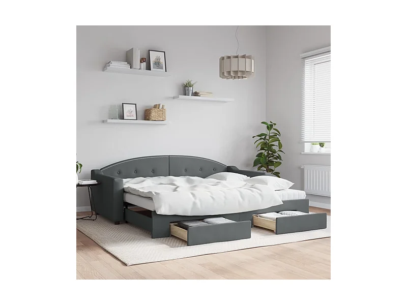 Lit de jour avec gigogne et tiroirs gris foncé 90x200 cm tissu