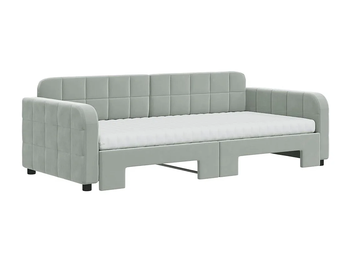Lit de jour avec gigogne et matelas gris clair 90x190cm velours