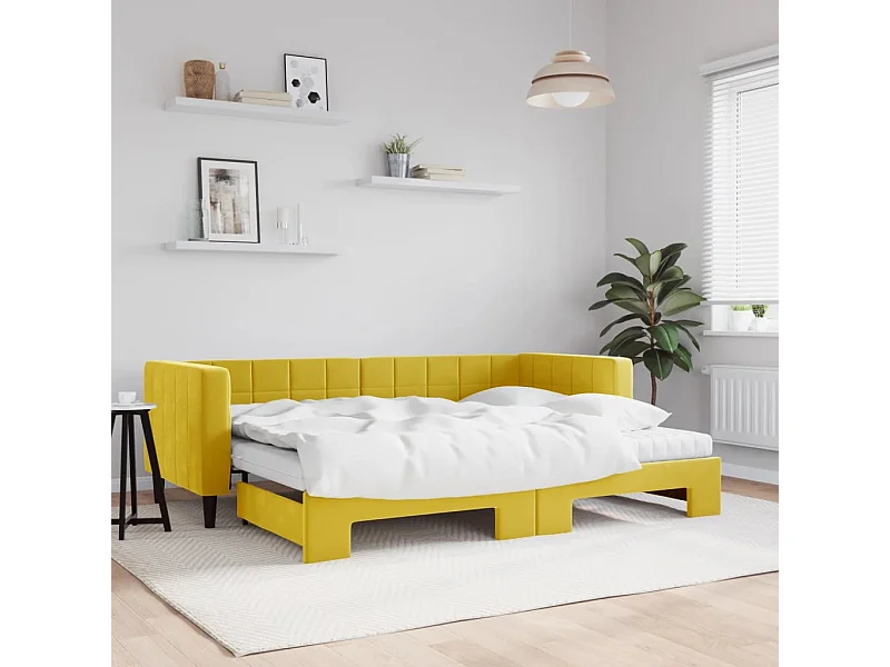 Lit de jour avec lit gigogne et matelas jaune 80x200 cm velours