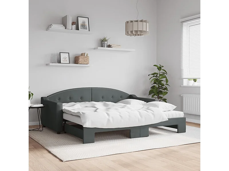 Lit de jour avec gigogne et matelas gris foncé 90x190 cm tissu