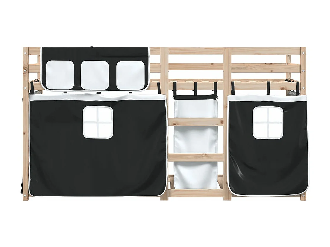 Lit superposé avec rideaux blanc/noir 90x200 cm bois pin massif