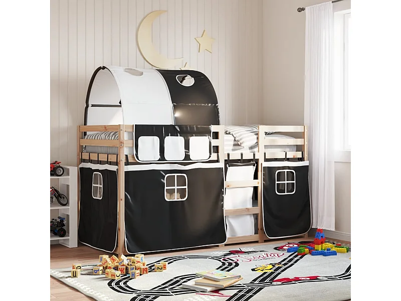 Stapelbed met gordijnen 90x190 cm grenenhout wit en zwart