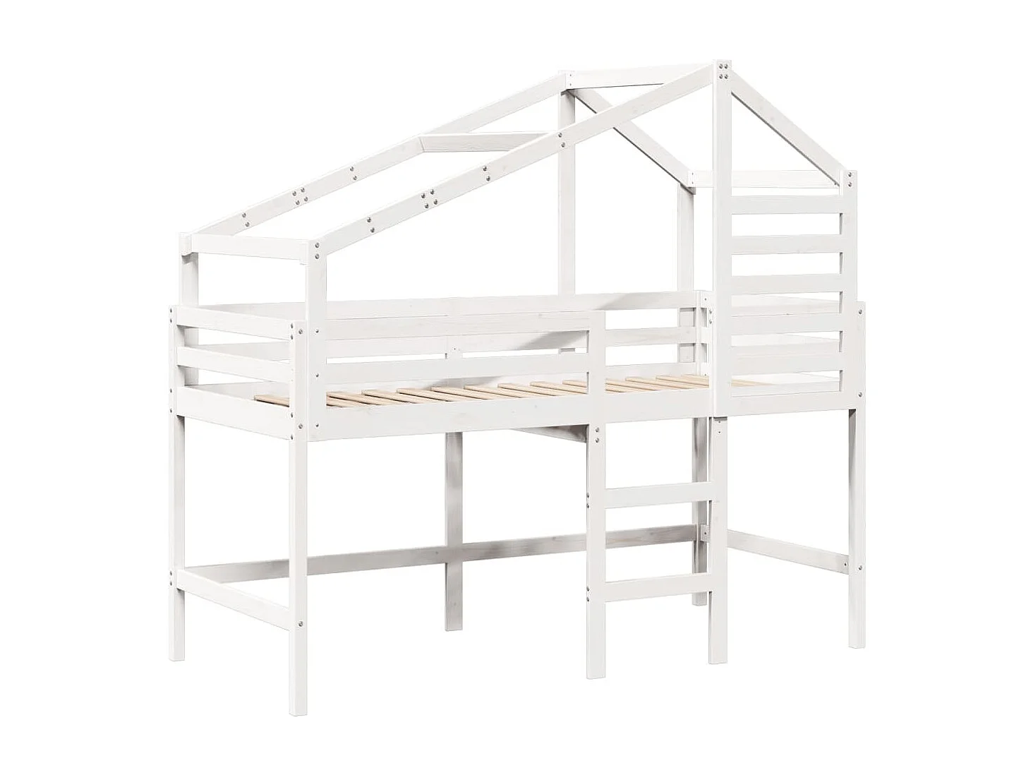 Cama alta escalera y techo madera maciza pino blanca 90x200 cm