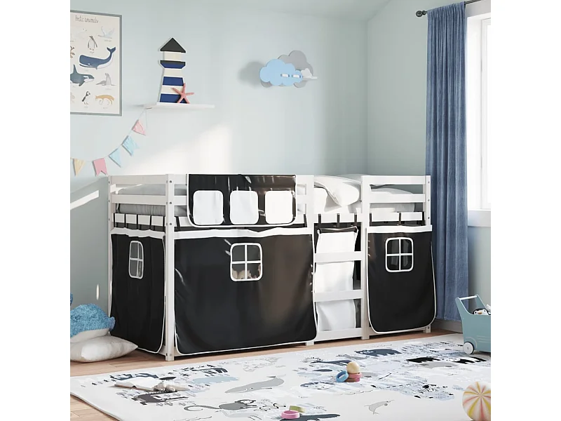 Beliche com cortinas 90x200 cm pinho maciço branco e preto