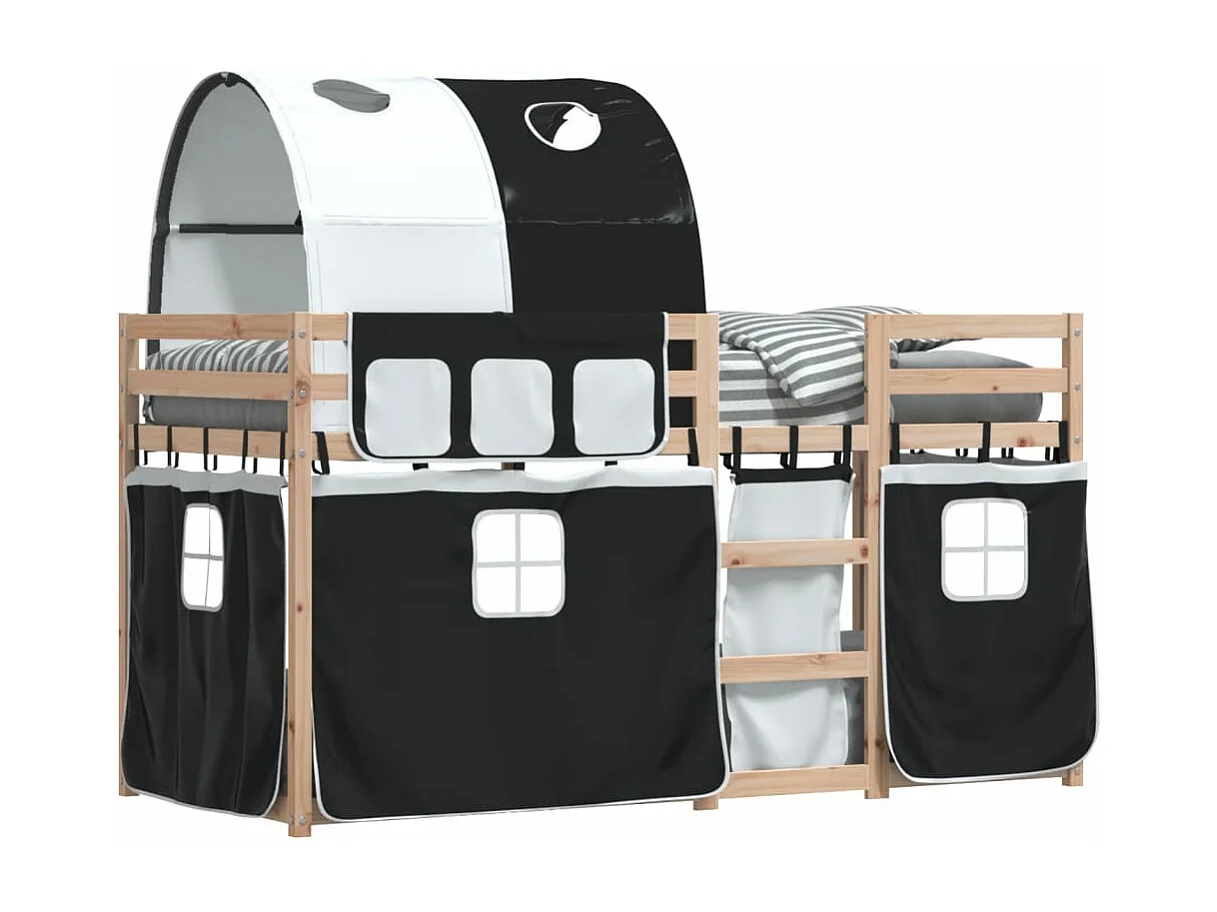 Lit superposé avec rideaux blanc/noir 90x200 cm bois pin massif
