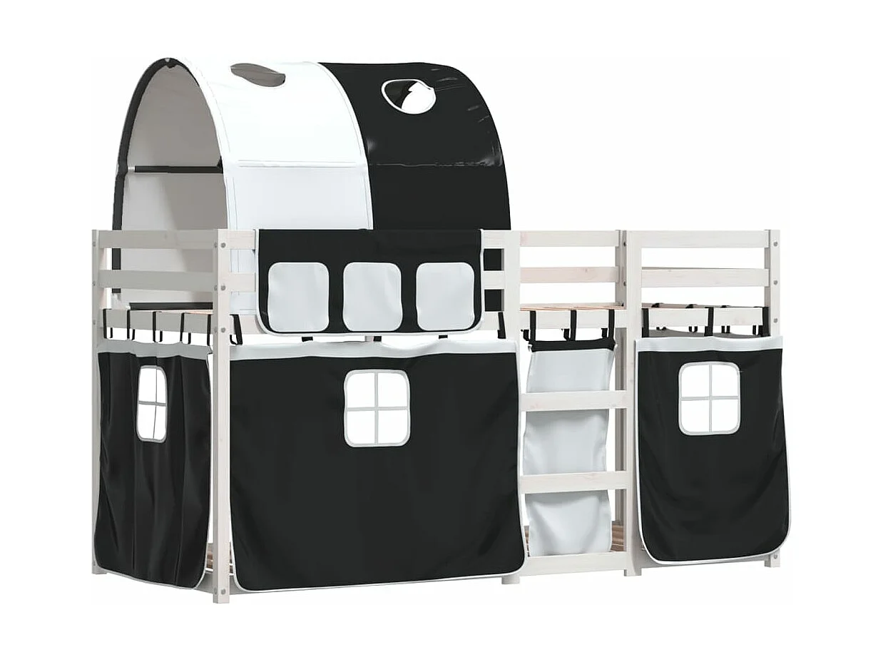 Lit superposé avec rideaux blanc/noir 90x200 cm bois pin massif