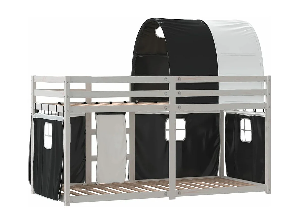 Lit superposé avec rideaux blanc/noir 90x200 cm bois pin massif