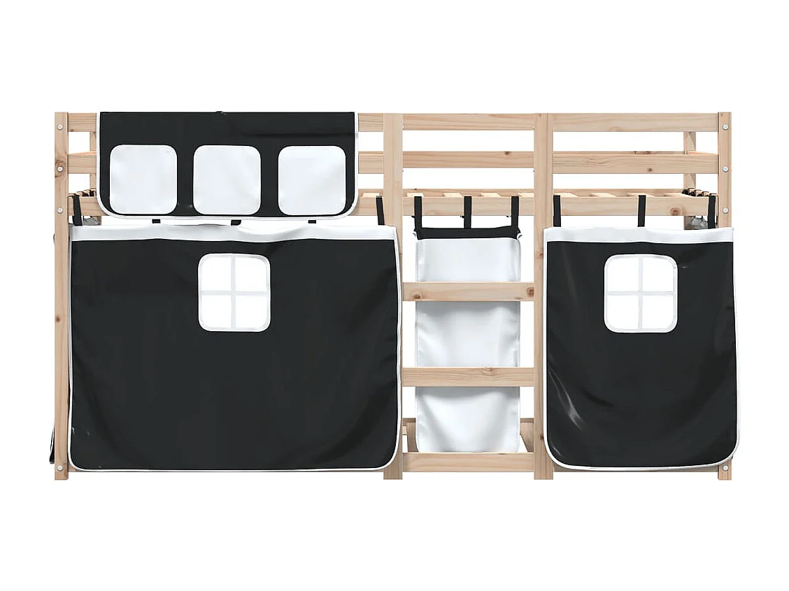 Lit superposé avec rideaux blanc/noir 90x190 cm bois pin massif