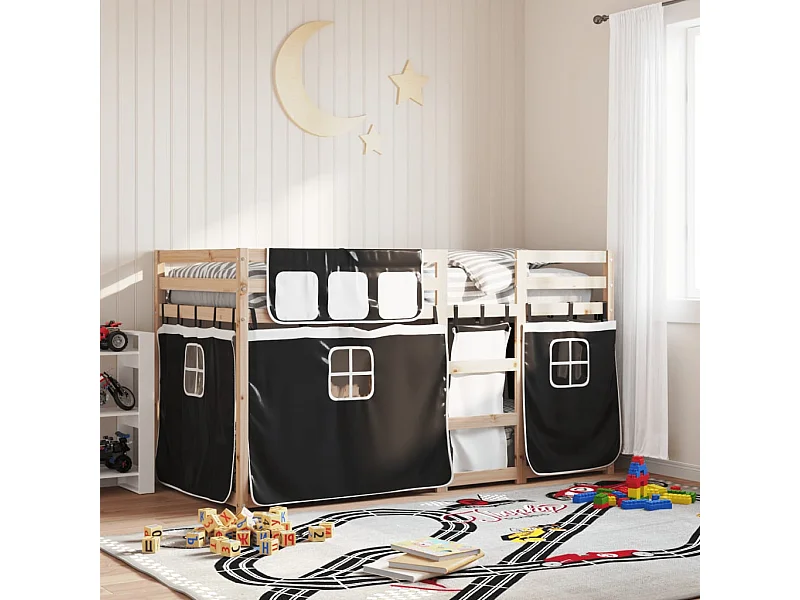 Lit superposé avec rideaux blanc/noir 90x190 cm bois pin massif