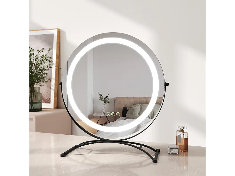 EMKE LED Hollywood Miroir de Maquillage Rond avec Interrupteur Tactile Dimmable 3 Couleurs claires 360° Rotatif, Noir Diamètre 50cm