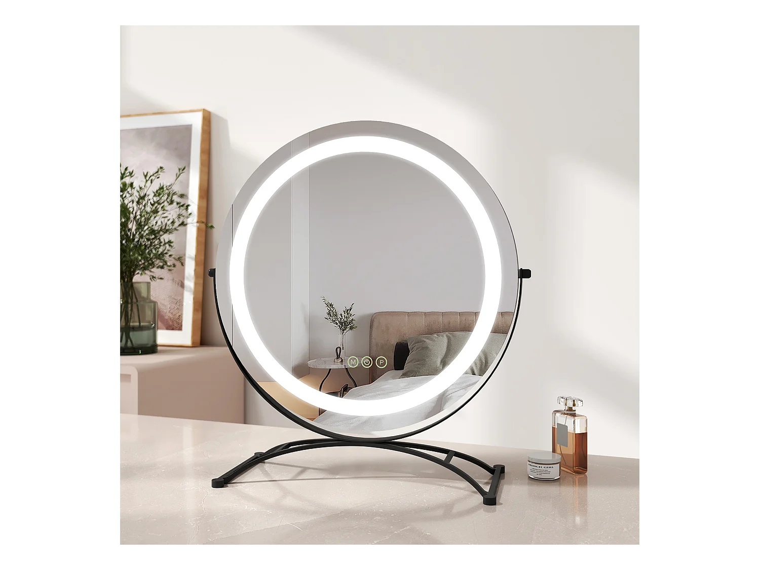 EMKE LED Hollywood Miroir de Maquillage Rond avec Interrupteur Tactile Dimmable 3 Couleurs claires 360° Rotatif, Noir Diamètre 50cm