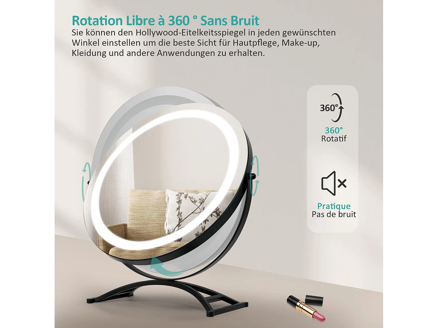 EMKE Specchio cosmetico Φ50cm, con 3 LED colorati a intensità variabile, specchio rotondo nero, rotazione a 360°