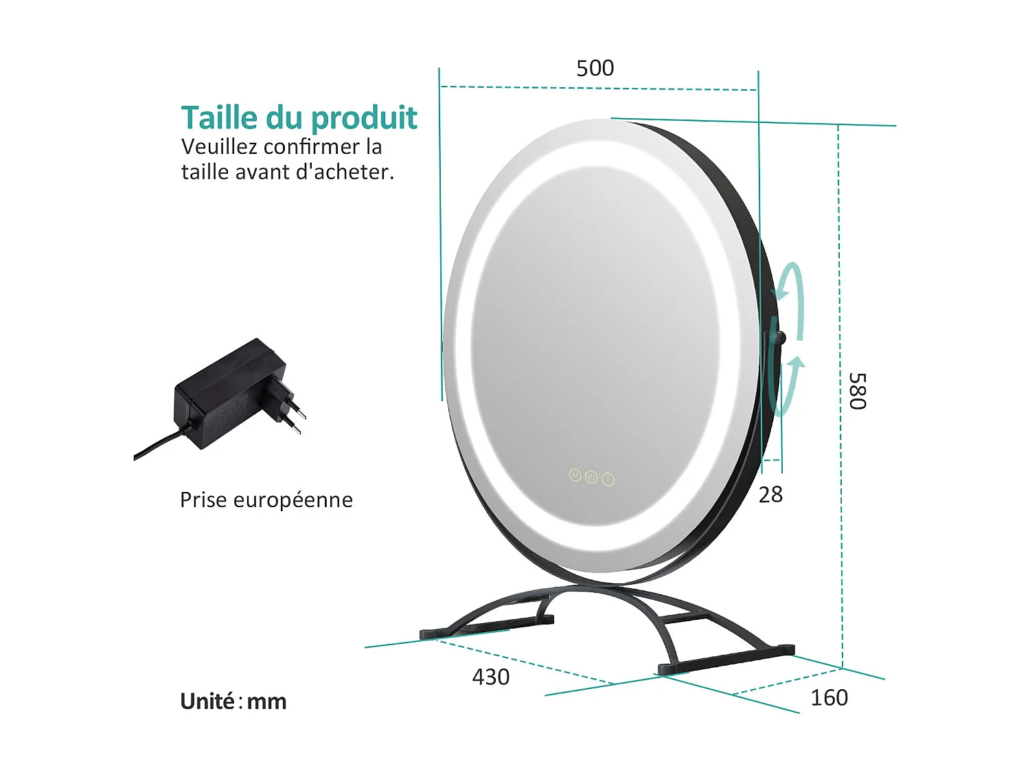 EMKE Specchio cosmetico Φ50cm, con 3 LED colorati a intensità variabile, specchio rotondo nero, rotazione a 360°