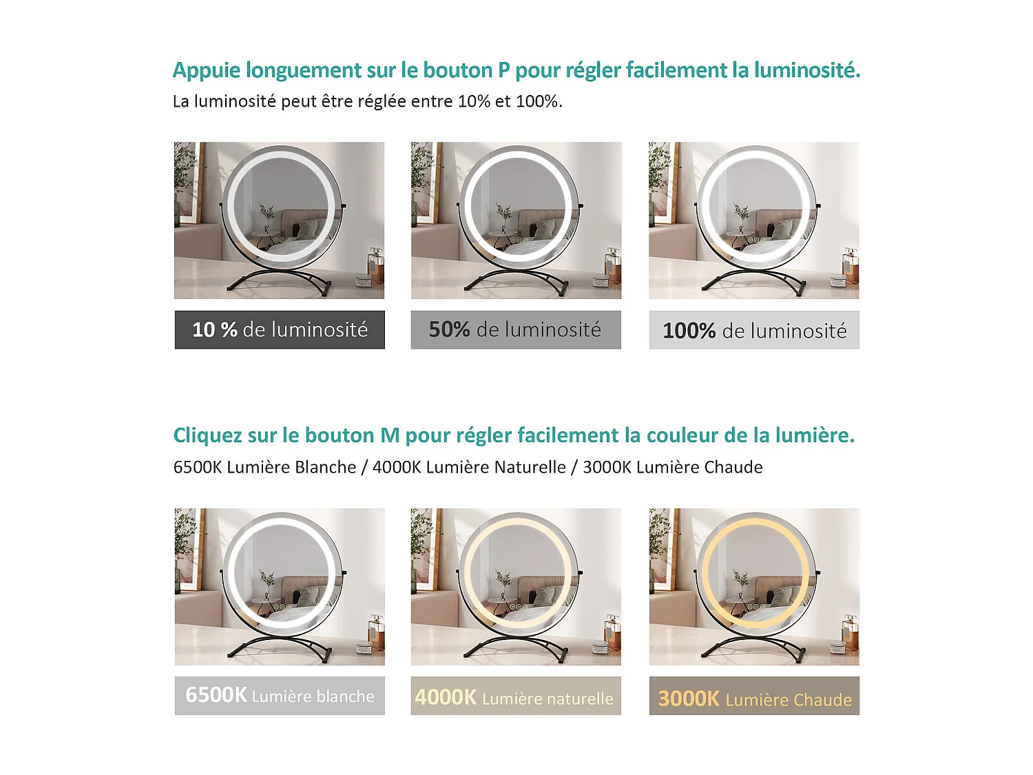 EMKE LED Hollywood Miroir de Maquillage Rond avec Interrupteur Tactile Dimmable 3 Couleurs claires 360° Rotatif, Noir Diamètre 40cm