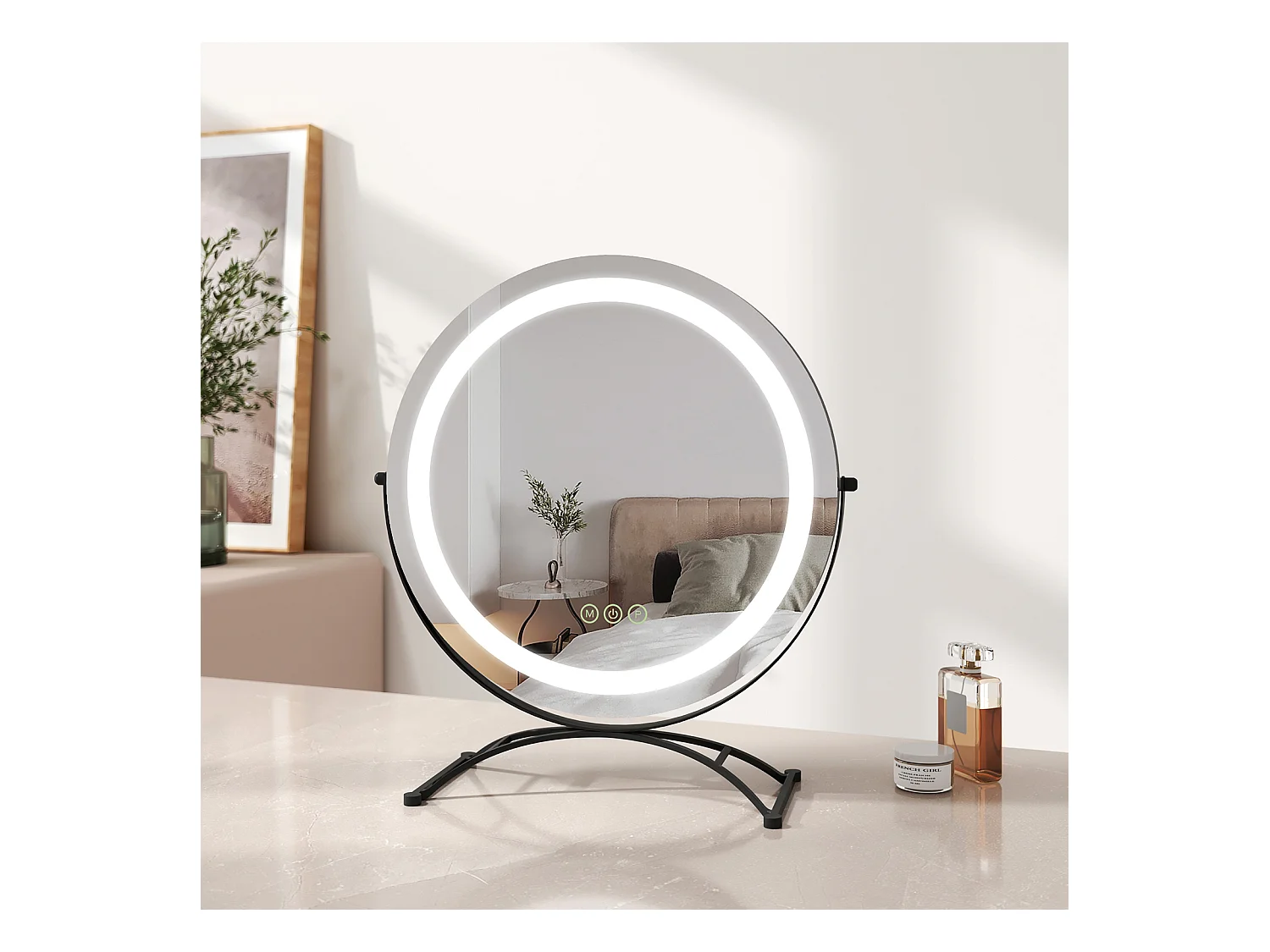 EMKE LED Hollywood Miroir de Maquillage Rond avec Interrupteur Tactile Dimmable 3 Couleurs claires 360° Rotatif, Noir Diamètre 40cm
