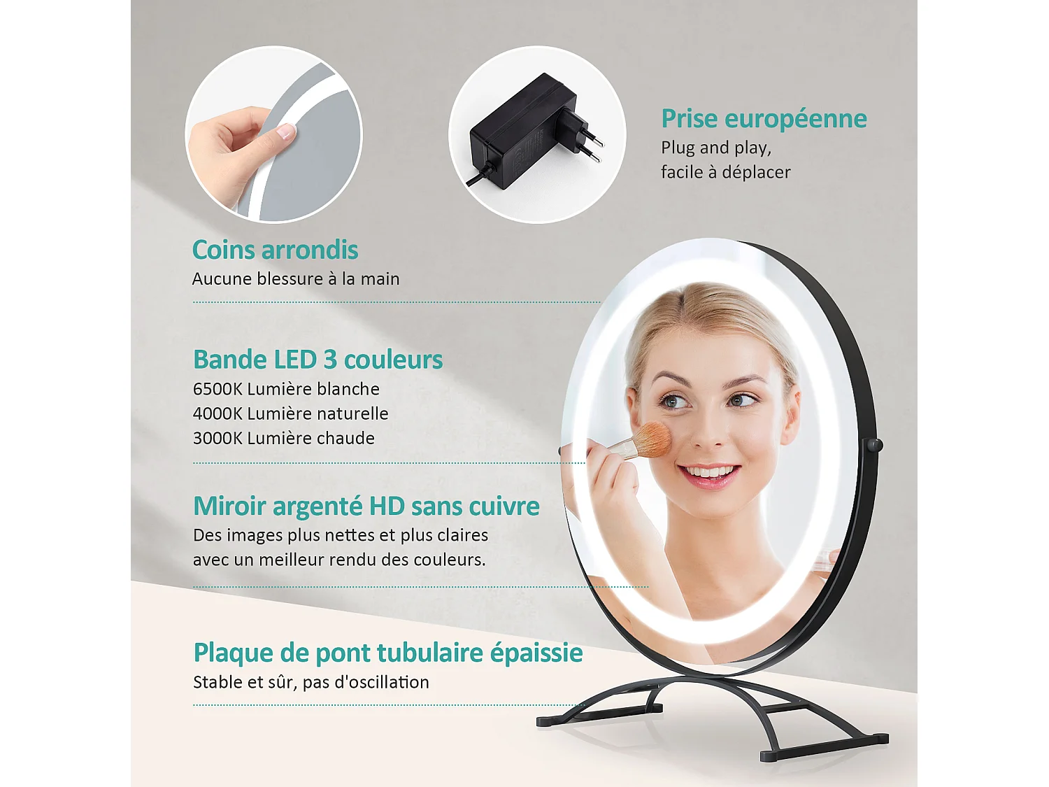 EMKE Specchio cosmetico Φ40cm, con 3 LED colorati a intensità variabile, specchio rotondo nero, ruotabile a 360°