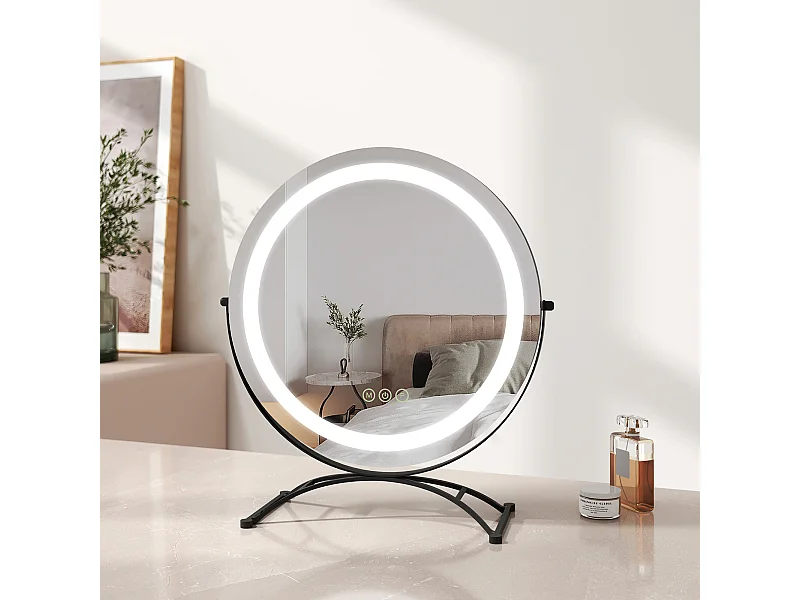 EMKE LED Hollywood Miroir de Maquillage Rond avec Interrupteur Tactile Dimmable 3 Couleurs claires 360° Rotatif, Noir Diamètre 40cm