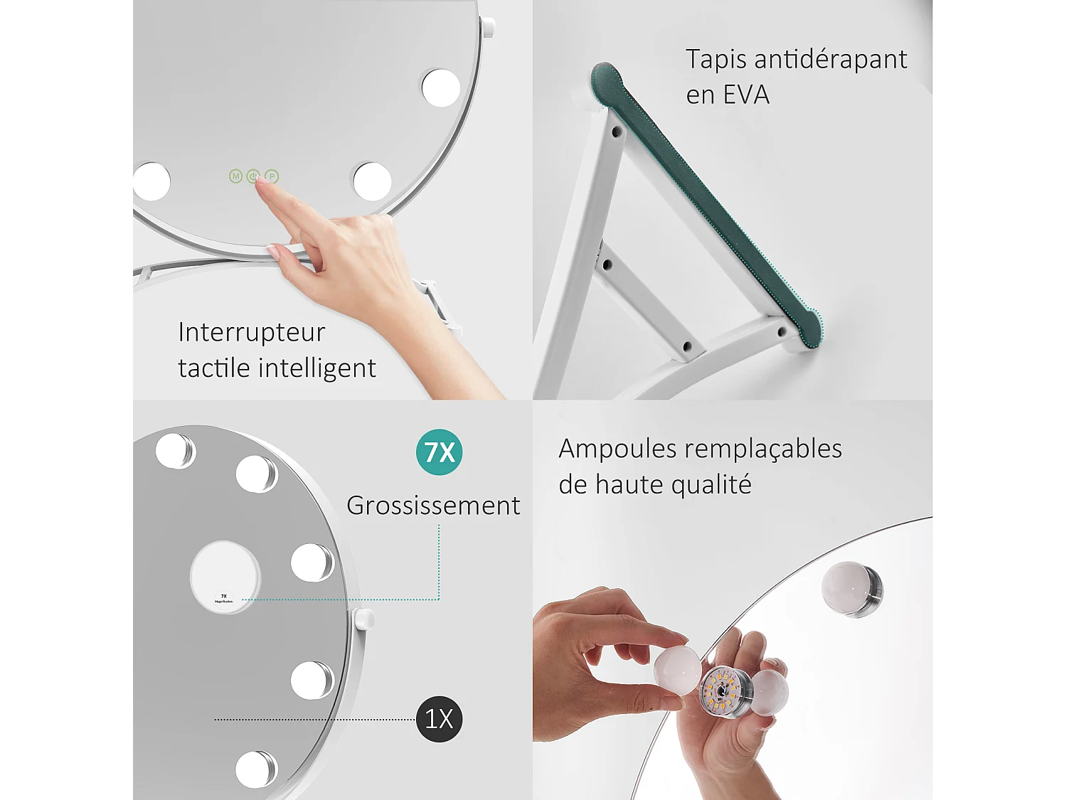 EMKE Hollywood miroir de courtoisie avec lumière, 50x58cm rond blanc, miroir de coiffeuse pivotant à 360°, avec 3 lumières dimmables