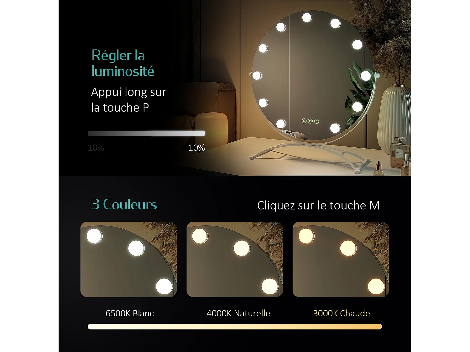 EMKE Hollywood miroir de courtoisie avec lumière, 50x58cm rond blanc, miroir de coiffeuse pivotant à 360°, avec 3 lumières dimmables