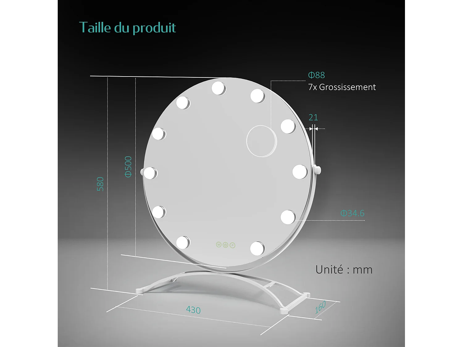 EMKE Hollywood miroir de courtoisie avec lumière, 50x58cm rond blanc, miroir de coiffeuse pivotant à 360°, avec 3 lumières dimmables