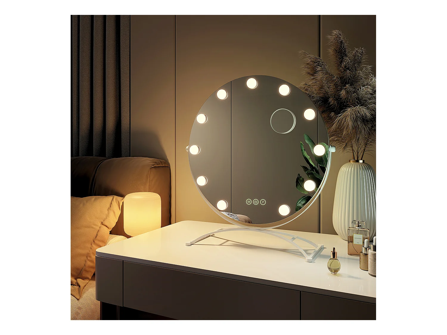 EMKE Hollywood miroir de courtoisie avec lumière, 50x58cm rond blanc, miroir de coiffeuse pivotant à 360°, avec 3 lumières dimmables