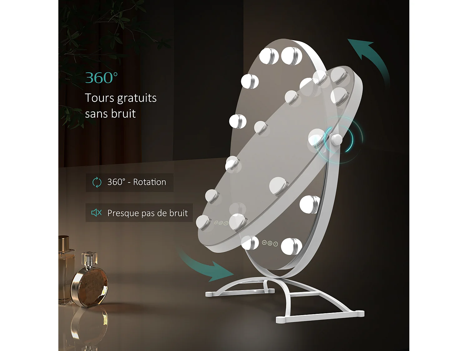 EMKE Hollywood specchio di vanità con luce,  50x58cm rotondo bianco, specchio di vanità girevole a 360°, con 3 luci dimmerabili