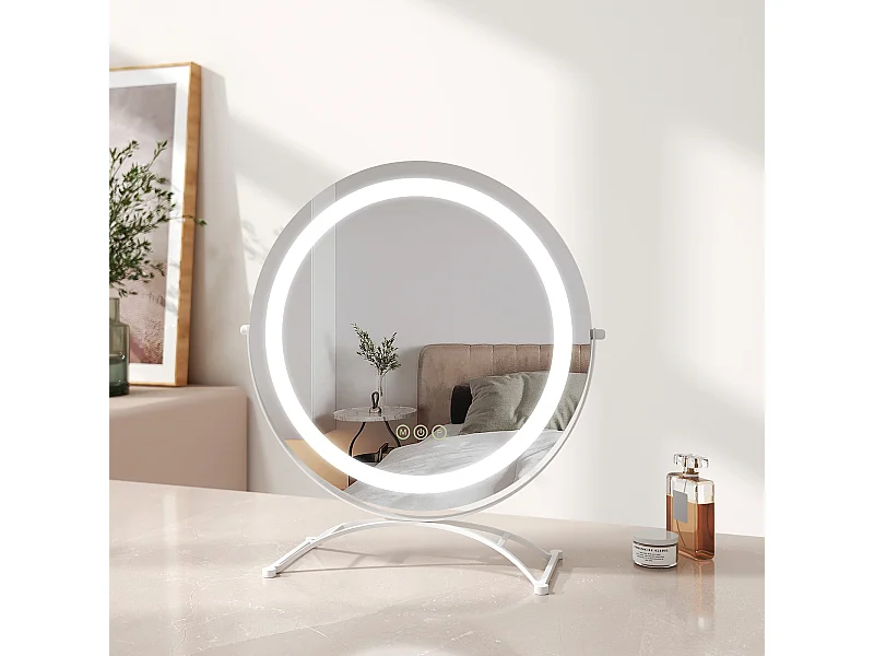 EMKE LED Hollywood Miroir de Maquillage Rond avec Interrupteur Tactile Dimmable 3 Couleurs claires 360° Rotatif, Blanc  Diamètre 40cm