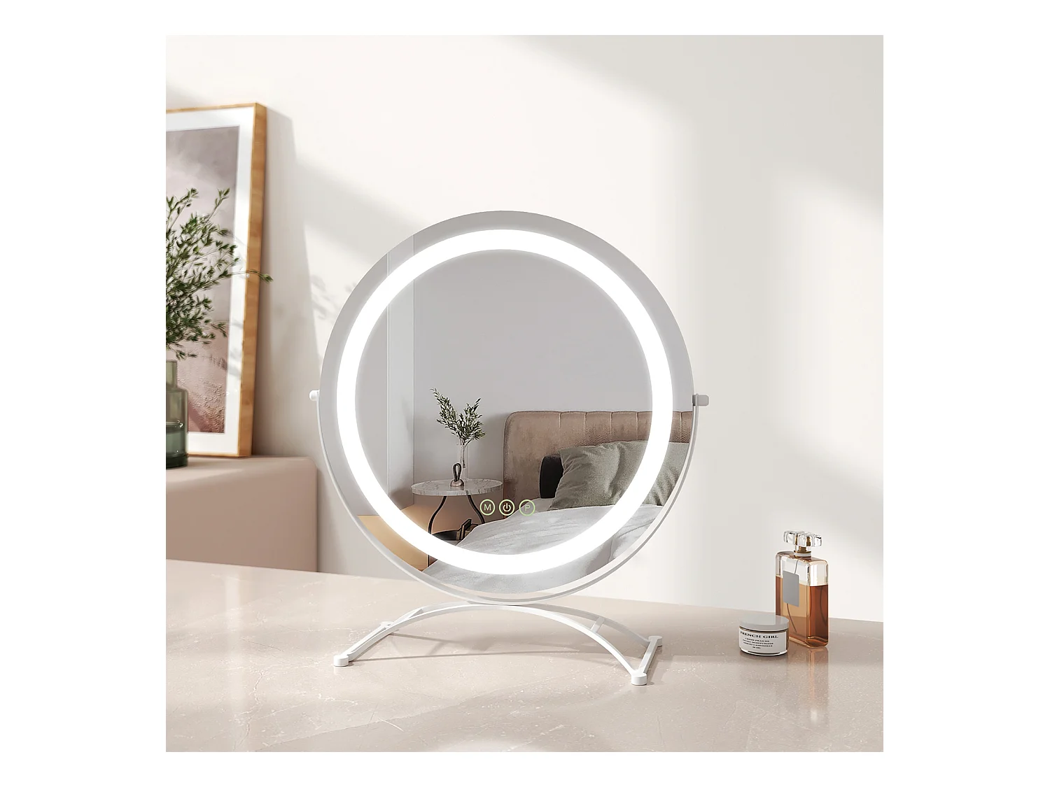 EMKE LED Hollywood Miroir de Maquillage Rond avec Interrupteur Tactile Dimmable 3 Couleurs claires 360° Rotatif, Blanc  Diamètre 40cm