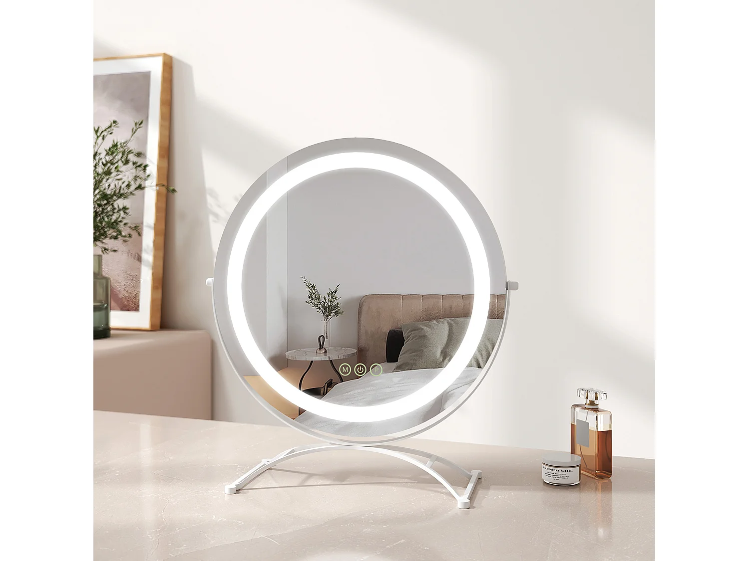 EMKE Specchio cosmetico Φ40cm, con 3 LED colorati a intensità variabile, specchio rotondo bianco ruotabile a 360°
