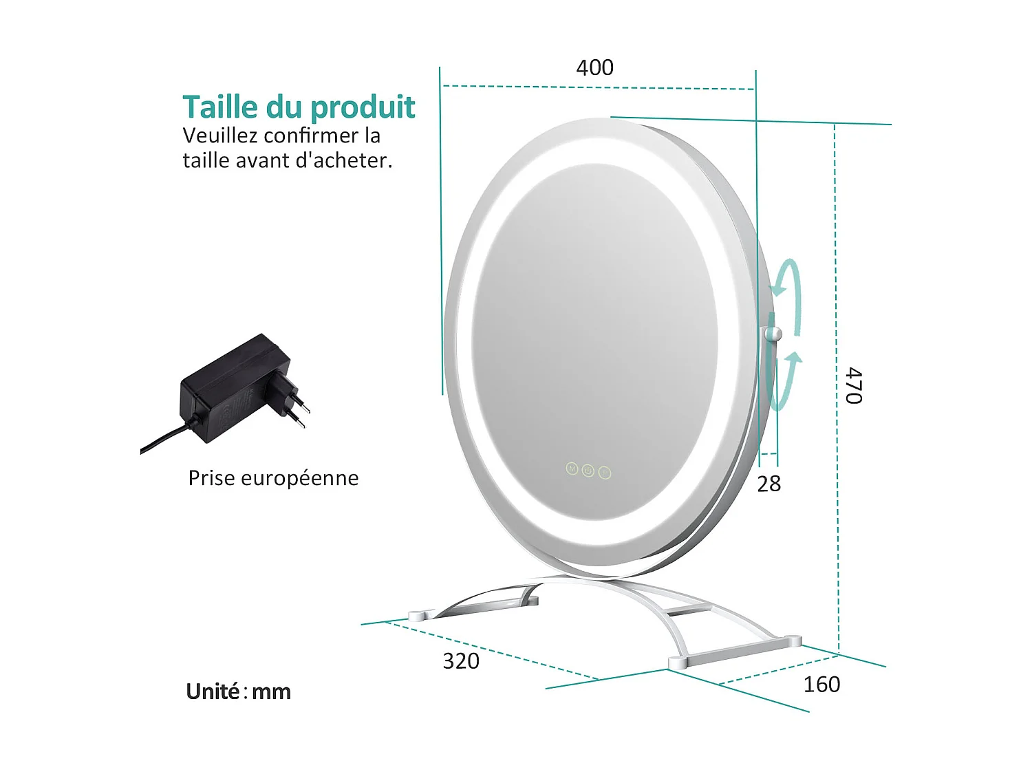 EMKE Specchio cosmetico Φ40cm, con 3 LED colorati a intensità variabile, specchio rotondo bianco ruotabile a 360°