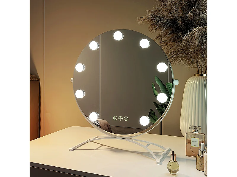 EMKE Hollywood specchio di vanità con luce, 47x40cm rotondo bianco, specchio di vanità girevole a 360°, con 3 luci dimmerabili