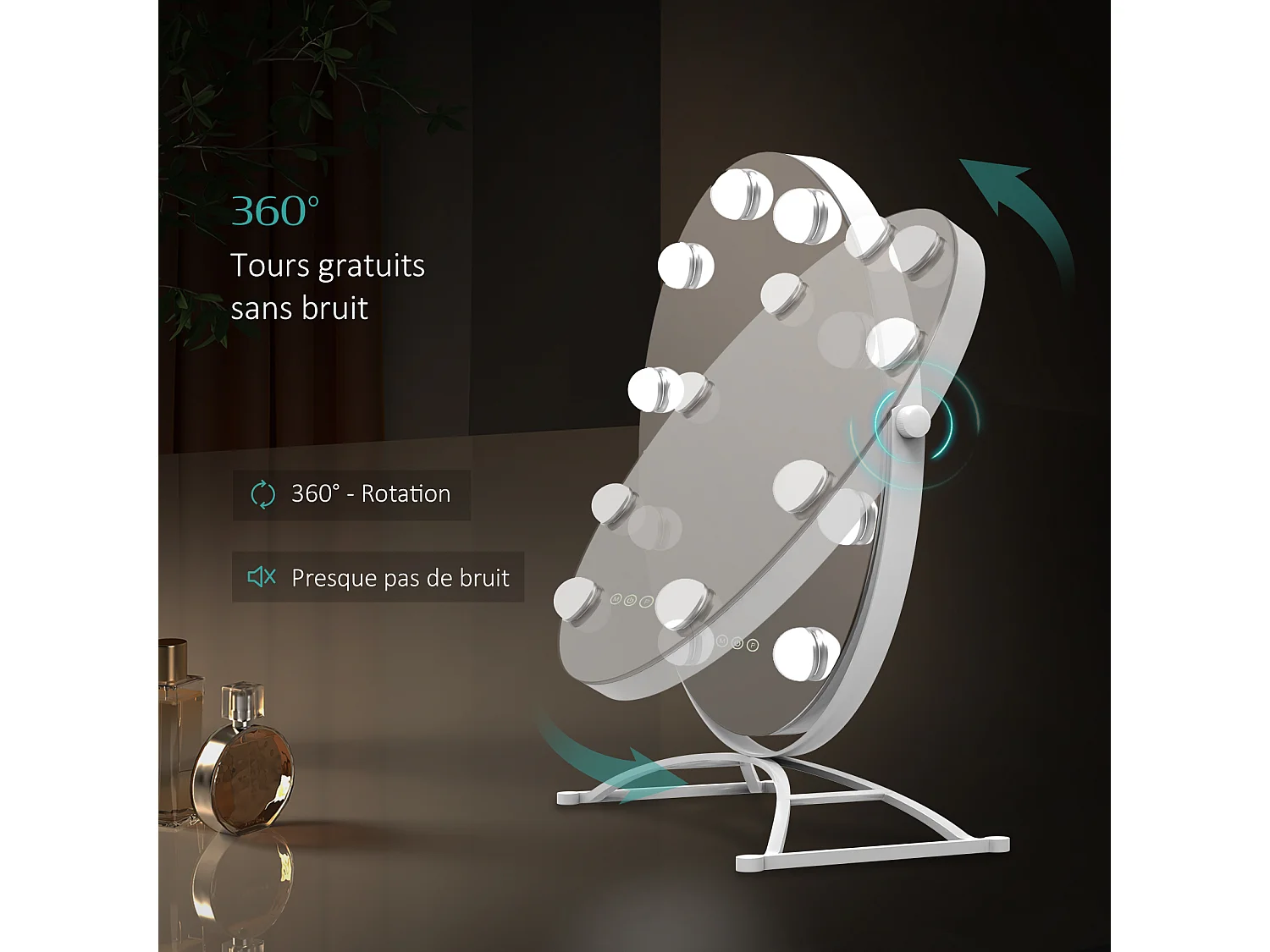 EMKE Hollywood miroir de courtoisie avec lumière, 47x40cm rond blanc, miroir de coiffeuse pivotant à 360°, avec 3 lumières dimmables