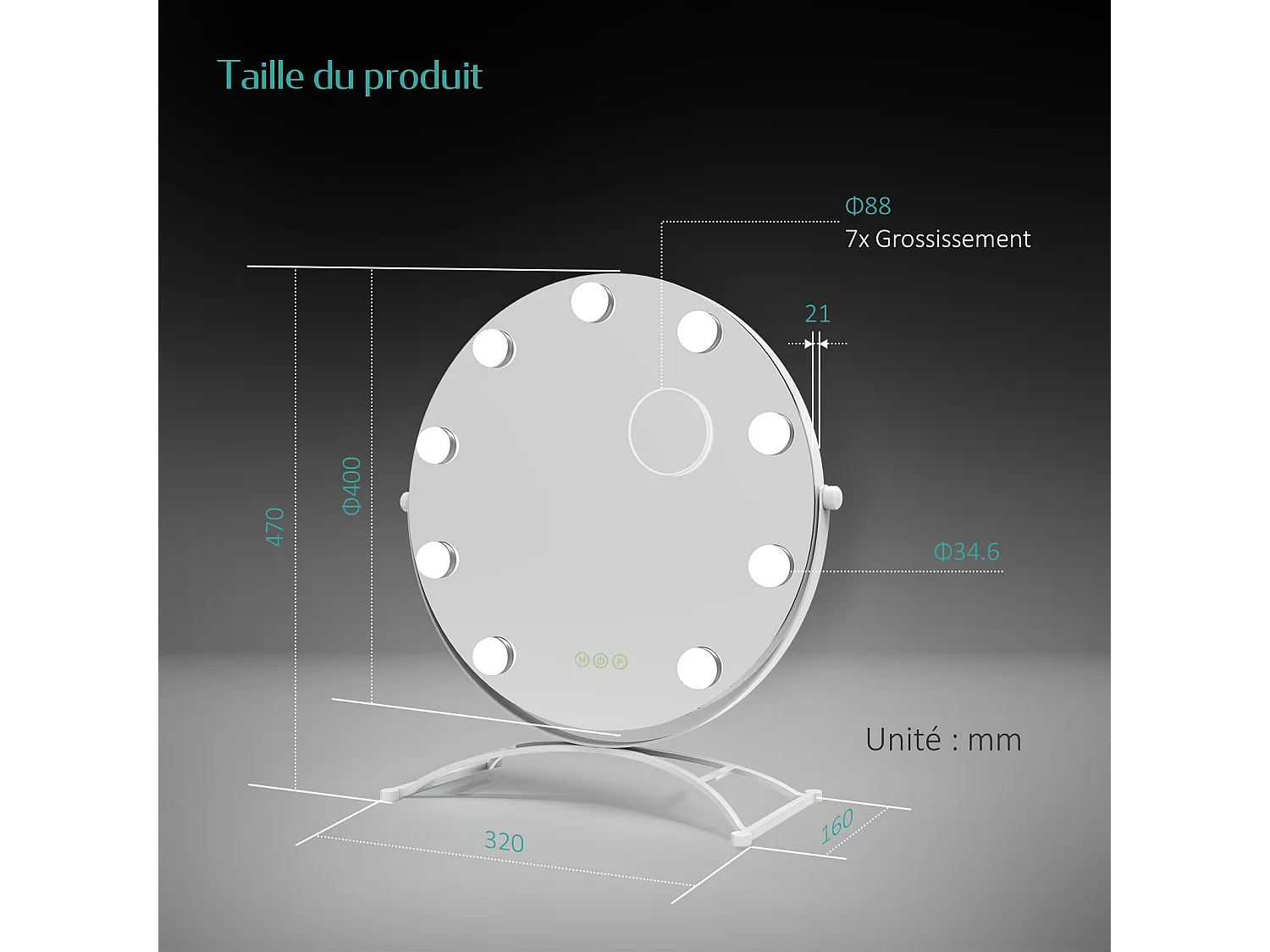 EMKE Hollywood miroir de courtoisie avec lumière, 47x40cm rond blanc, miroir de coiffeuse pivotant à 360°, avec 3 lumières dimmables