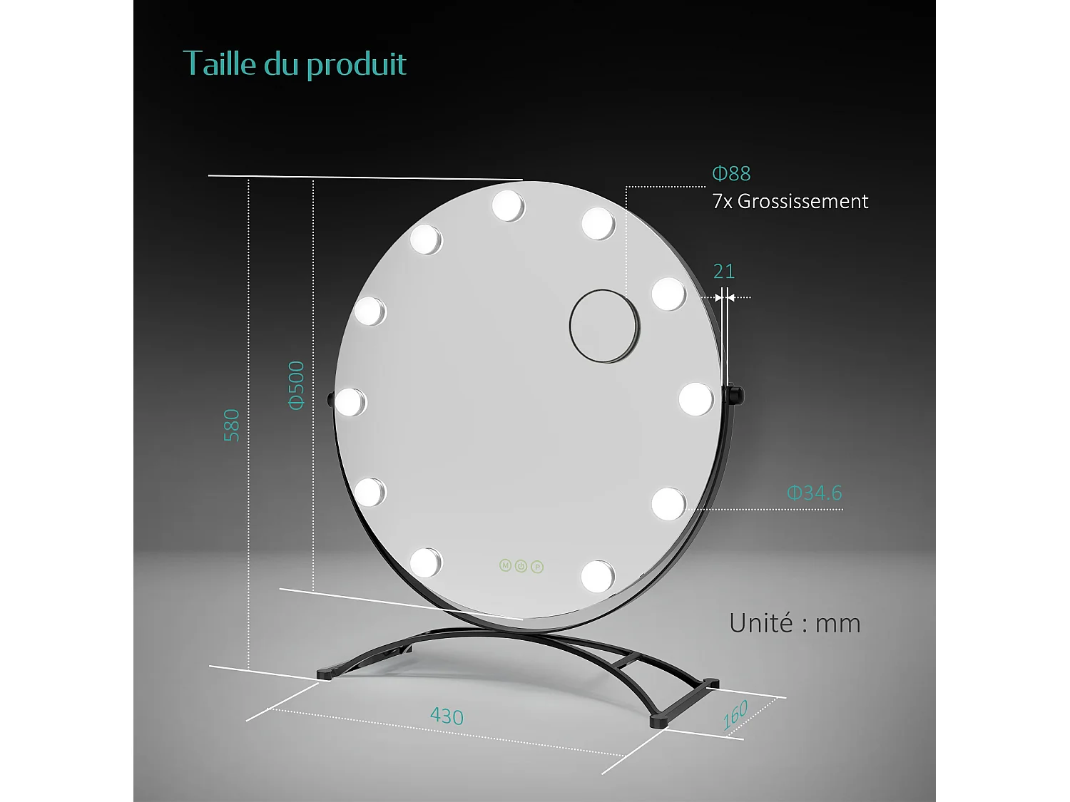 EMKE Hollywood miroir de courtoisie avec lumière, 50x58cm rond noir, miroir de coiffeuse pivotant à 360°, avec 3 lumières dimmables