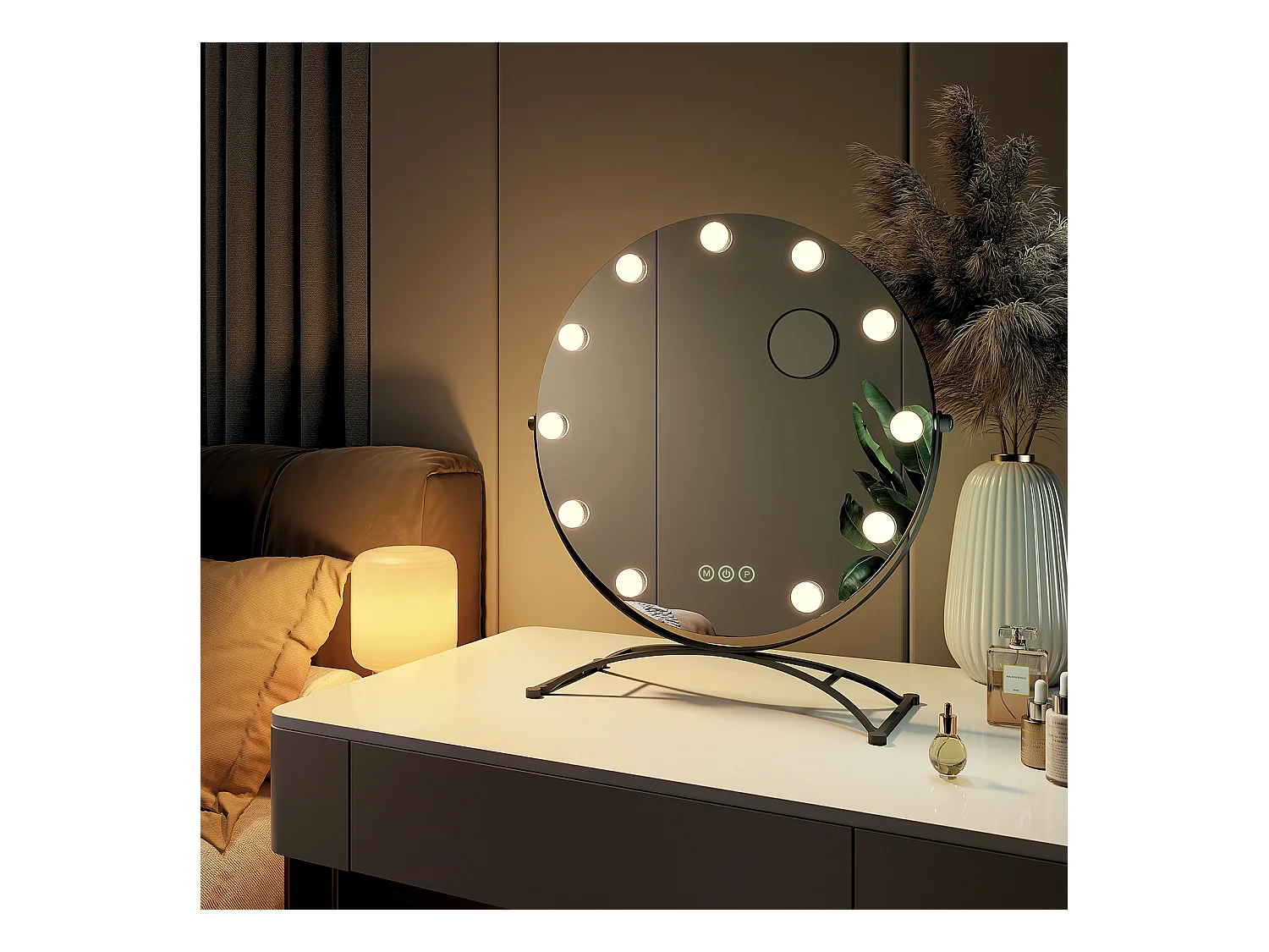 EMKE Hollywood miroir de courtoisie avec lumière, 50x58cm rond noir, miroir de coiffeuse pivotant à 360°, avec 3 lumières dimmables