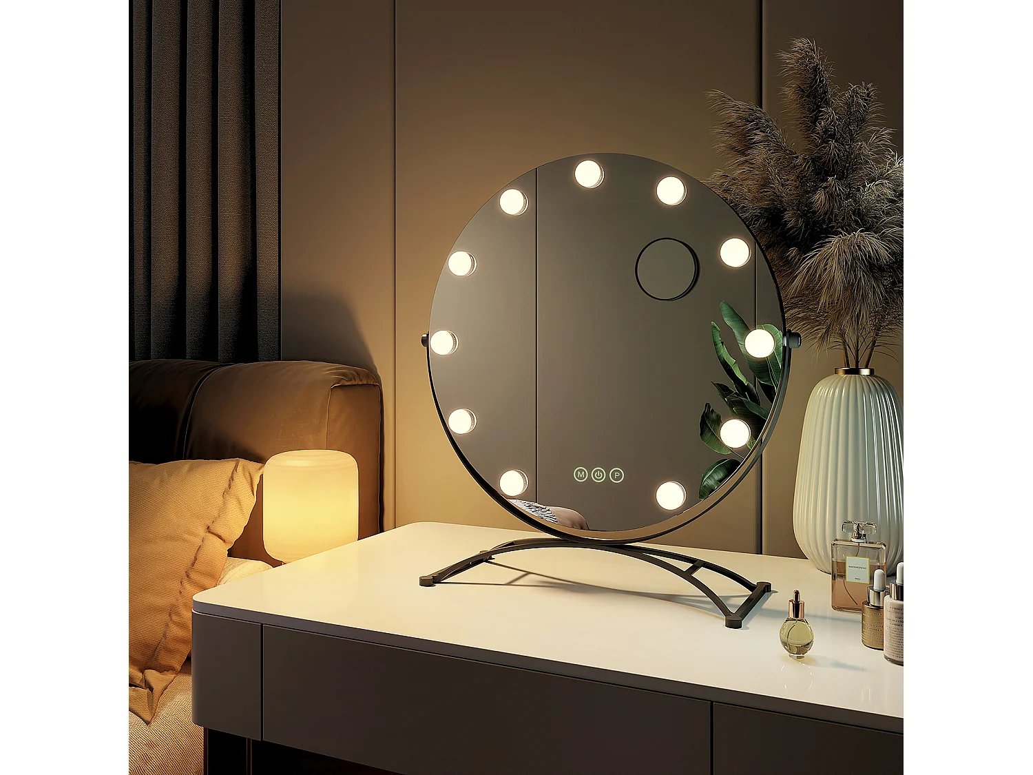 EMKE Hollywood specchio di vanità con luce,  50x58cm rotondo nero, specchio di vanità girevole a 360°, con 3 luci dimmerabili