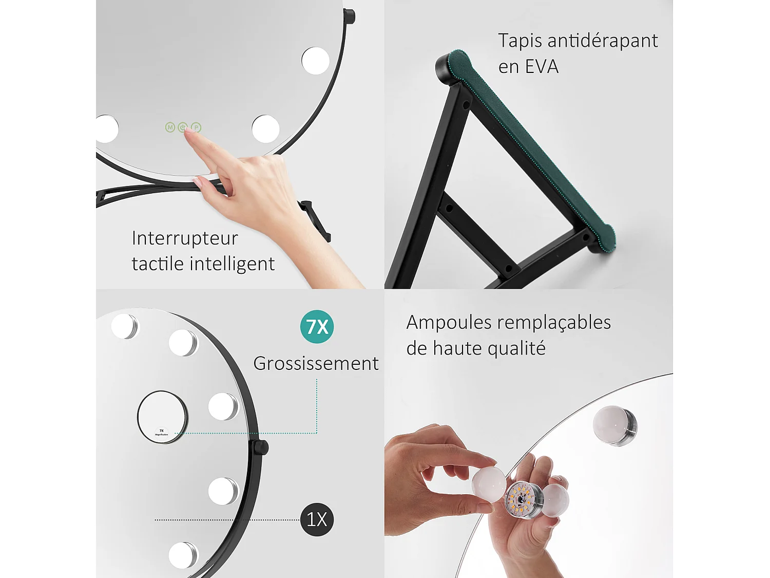 EMKE Hollywood specchio di vanità con luce,  50x58cm rotondo nero, specchio di vanità girevole a 360°, con 3 luci dimmerabili