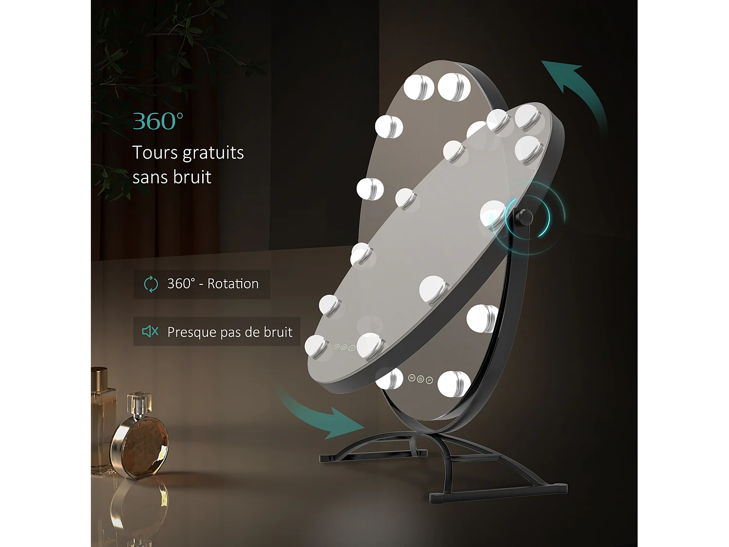 EMKE Hollywood specchio di vanità con luce,  50x58cm rotondo nero, specchio di vanità girevole a 360°, con 3 luci dimmerabili