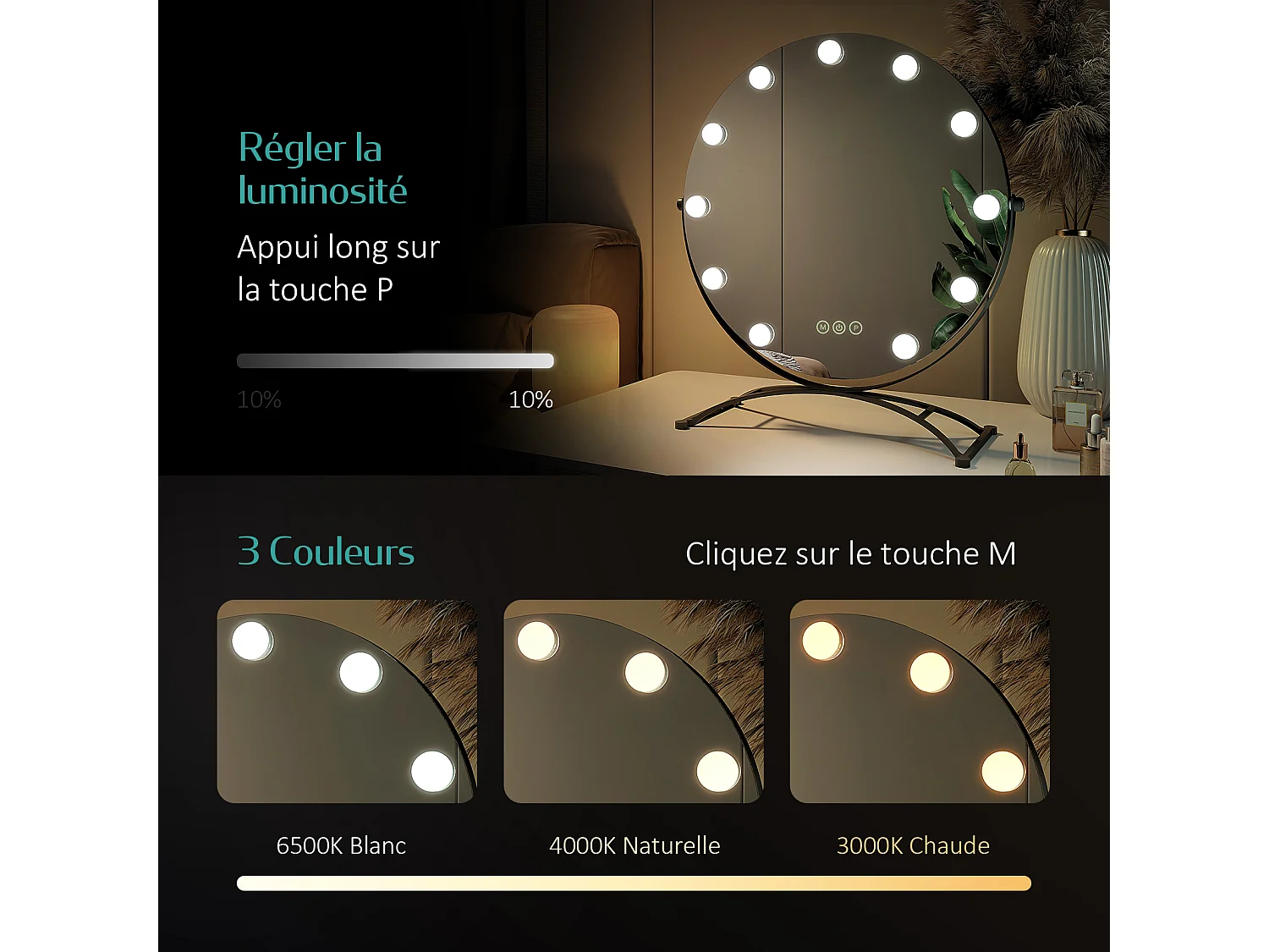 EMKE Hollywood specchio di vanità con luce,  50x58cm rotondo nero, specchio di vanità girevole a 360°, con 3 luci dimmerabili