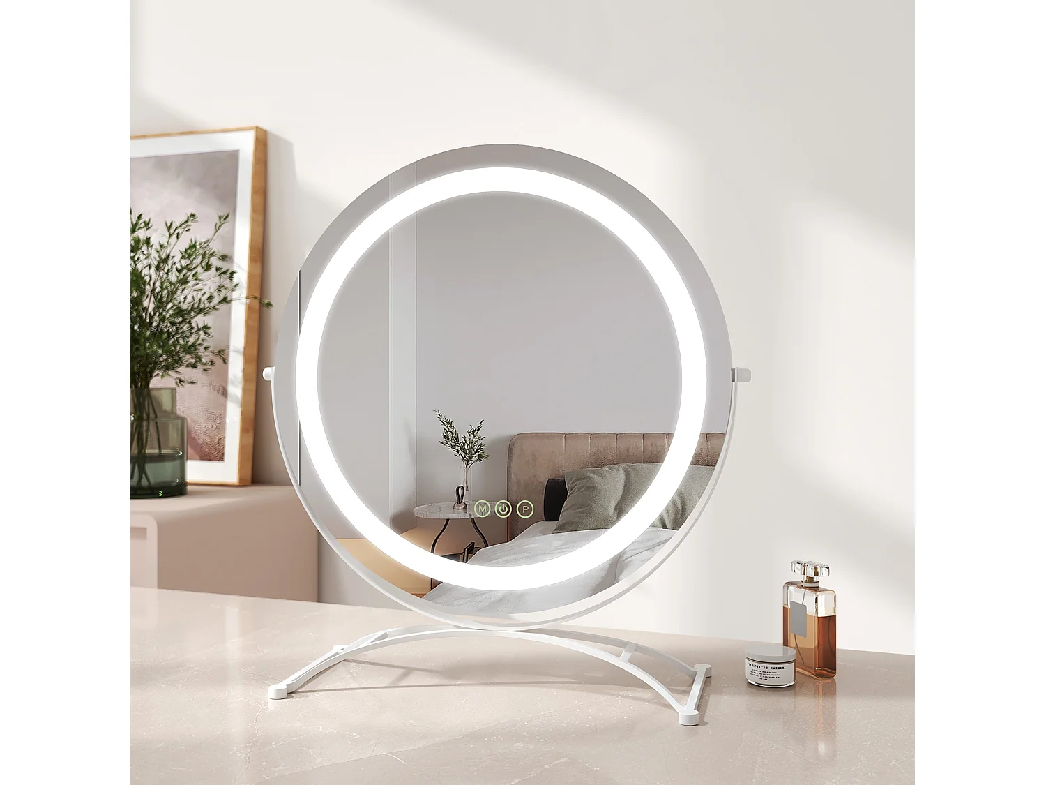 EMKE LED Hollywood Miroir de Maquillage Rond avec Interrupteur Tactile Dimmable 3 Couleurs claires 360° Rotatif, Blanc  Diamètre 50cm
