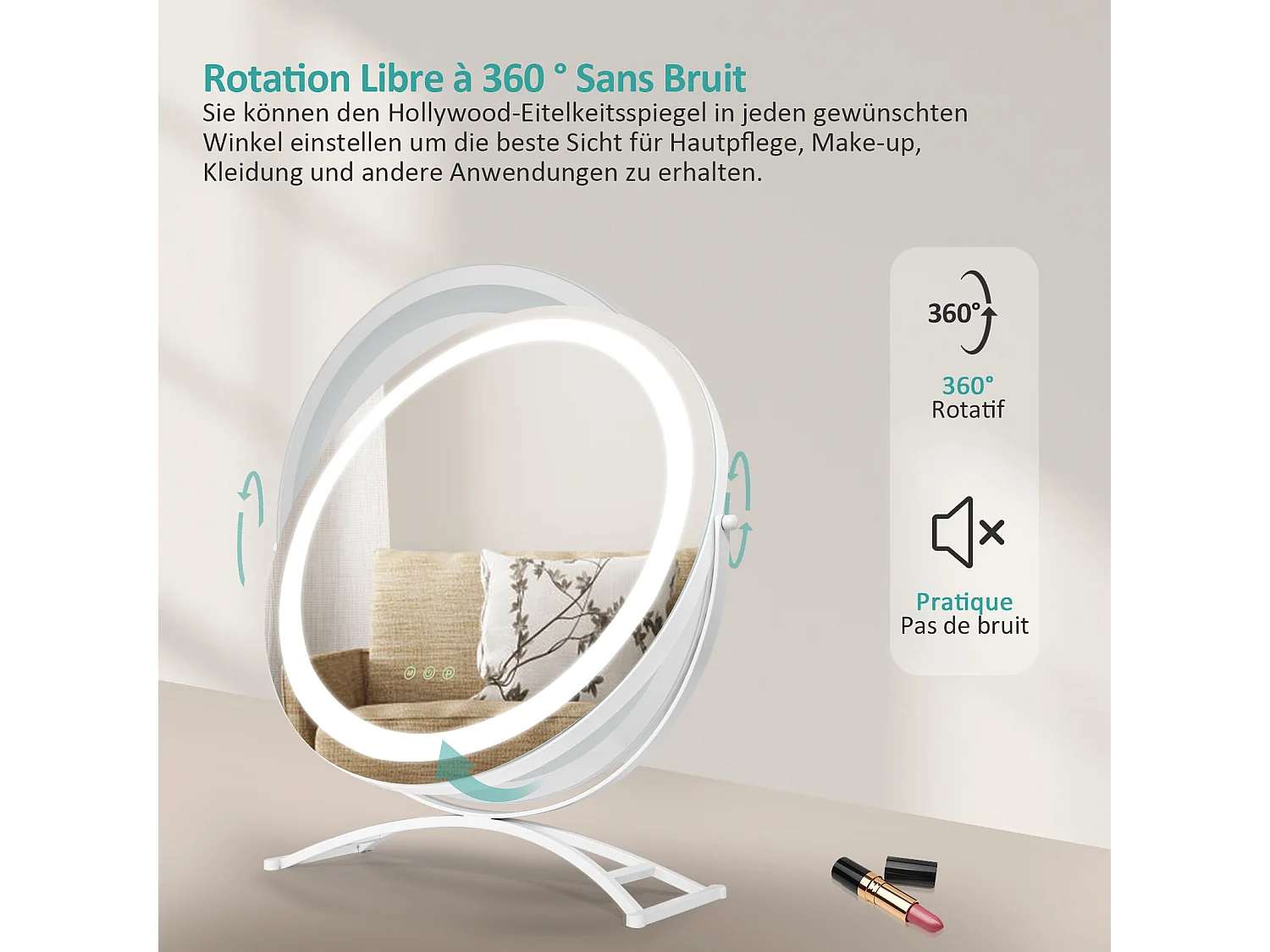 EMKE LED Hollywood Miroir de Maquillage Rond avec Interrupteur Tactile Dimmable 3 Couleurs claires 360° Rotatif, Blanc  Diamètre 50cm