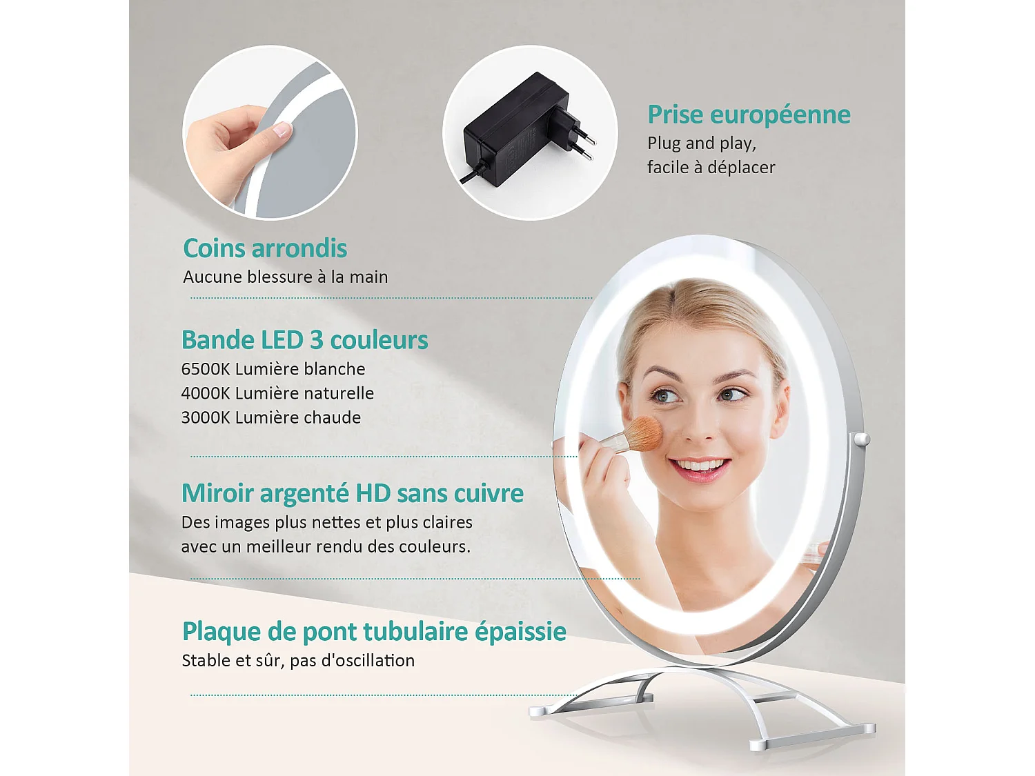 EMKE LED Hollywood Miroir de Maquillage Rond avec Interrupteur Tactile Dimmable 3 Couleurs claires 360° Rotatif, Blanc  Diamètre 50cm