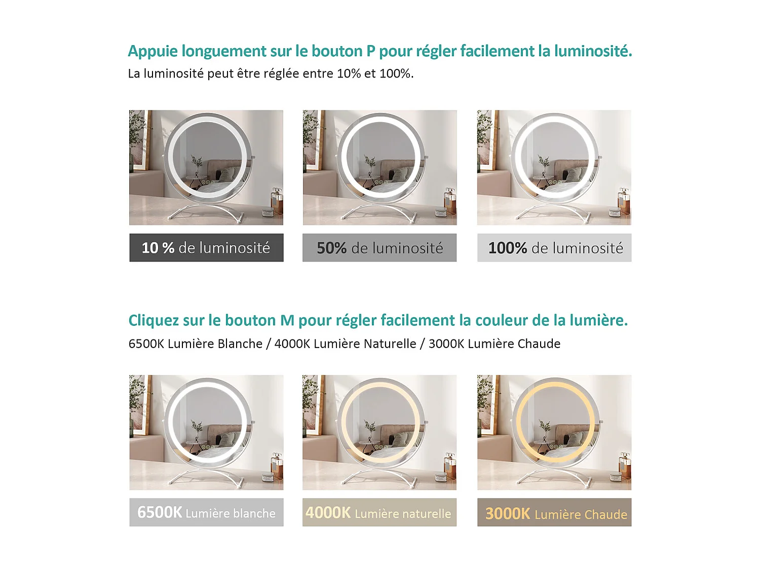 EMKE LED Hollywood Miroir de Maquillage Rond avec Interrupteur Tactile Dimmable 3 Couleurs claires 360° Rotatif, Blanc  Diamètre 50cm