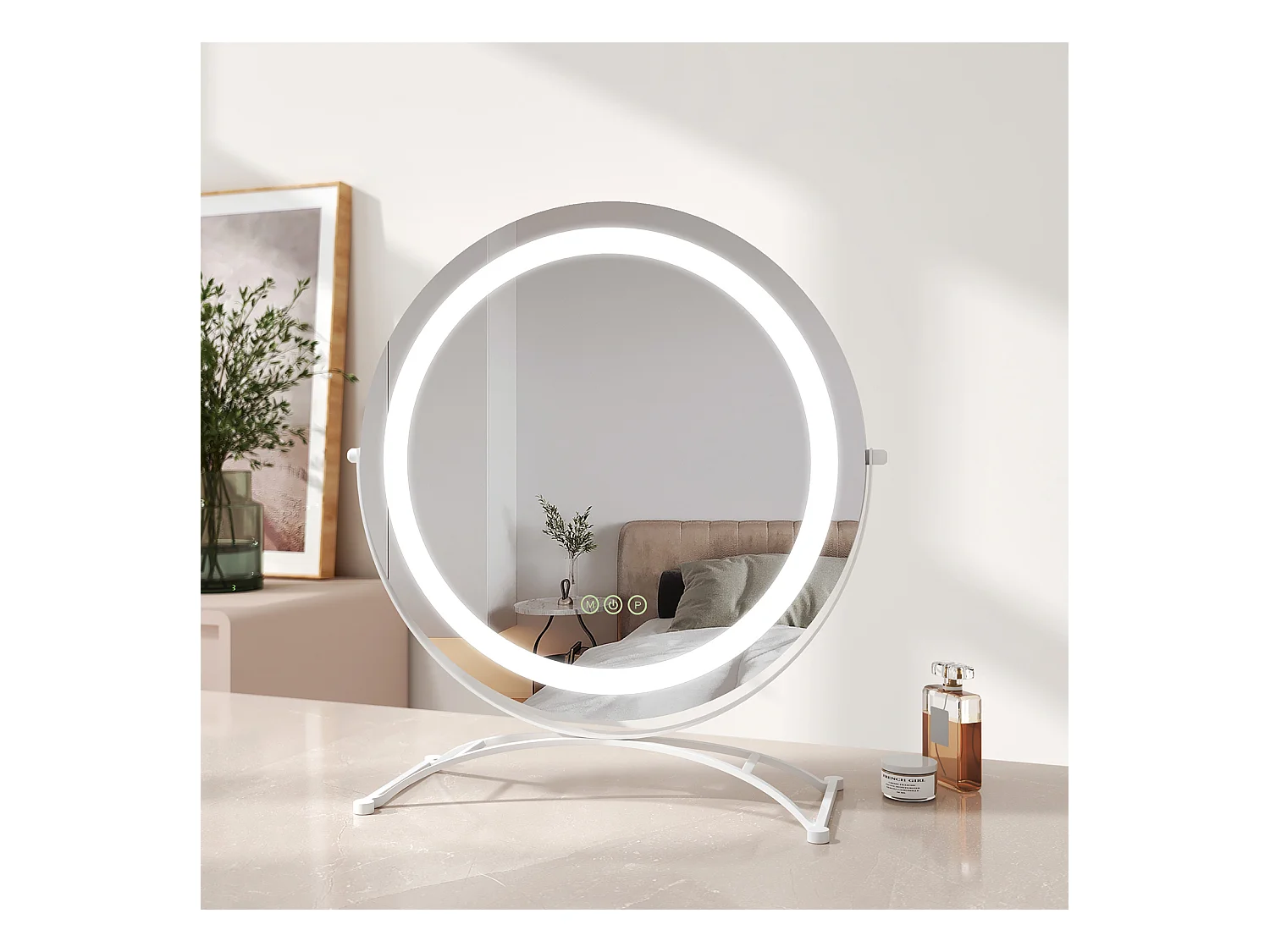 EMKE LED Hollywood Miroir de Maquillage Rond avec Interrupteur Tactile Dimmable 3 Couleurs claires 360° Rotatif, Blanc  Diamètre 50cm