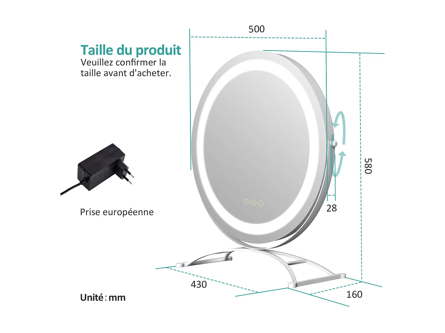 EMKE Specchio cosmetico Φ50cm, con 3 LED colorati a intensità variabile, specchio rotondo bianco ruotabile a 360°