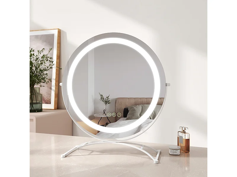 EMKE LED Hollywood Miroir de Maquillage Rond avec Interrupteur Tactile Dimmable 3 Couleurs claires 360° Rotatif, Blanc  Diamètre 50cm