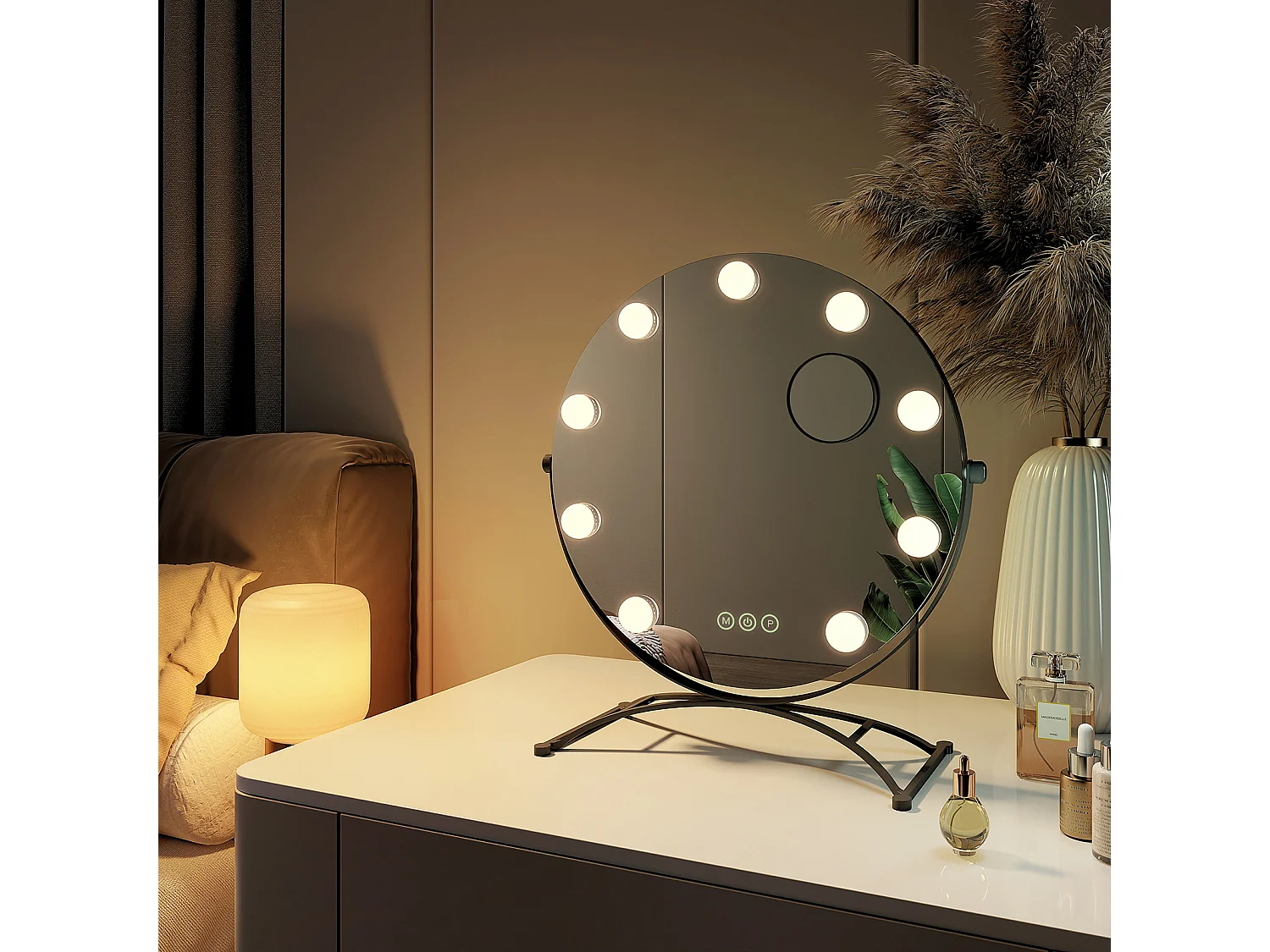 EMKE Miroir de maquillage Hollywood avec Ampoules LED Miroir grossissant Interrupteur tactile 3 couleurs dimmable Rotation à 360° - Cadre Noir 47x40cm