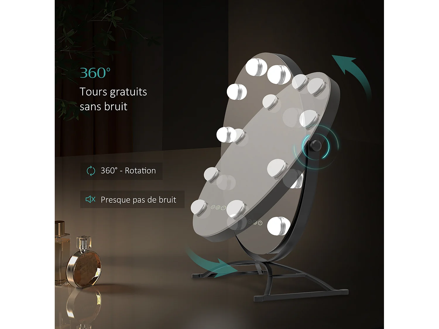 EMKE Miroir de maquillage Hollywood avec Ampoules LED Miroir grossissant Interrupteur tactile 3 couleurs dimmable Rotation à 360° - Cadre Noir 47x40cm